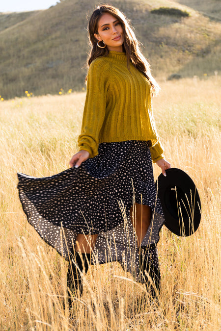 Black Flowy Animal Print Midi Skirt with Slit