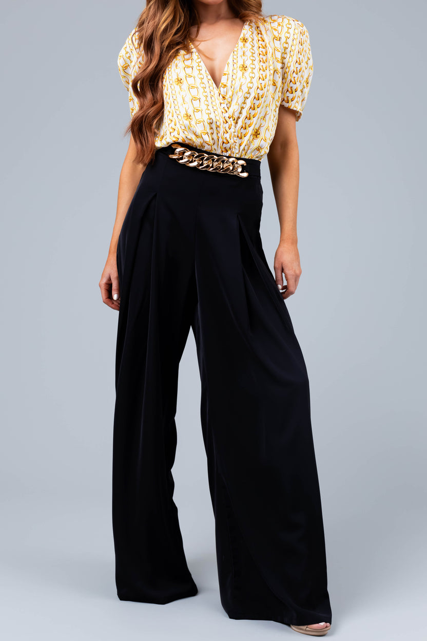 Black Flowy Wide Leg Gold Chain Pants