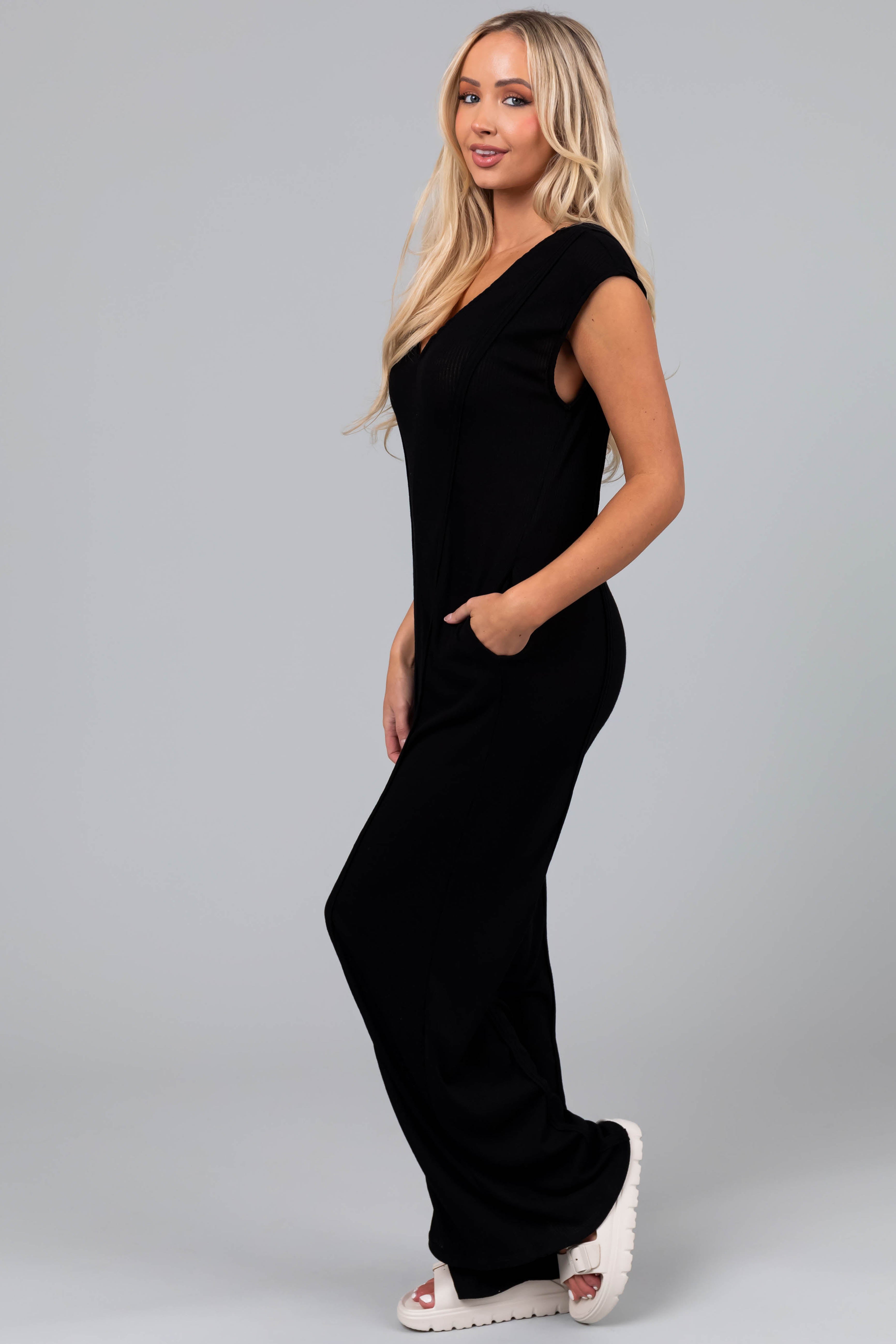 Black Flowy Wide Leg Knit Jumpsuit