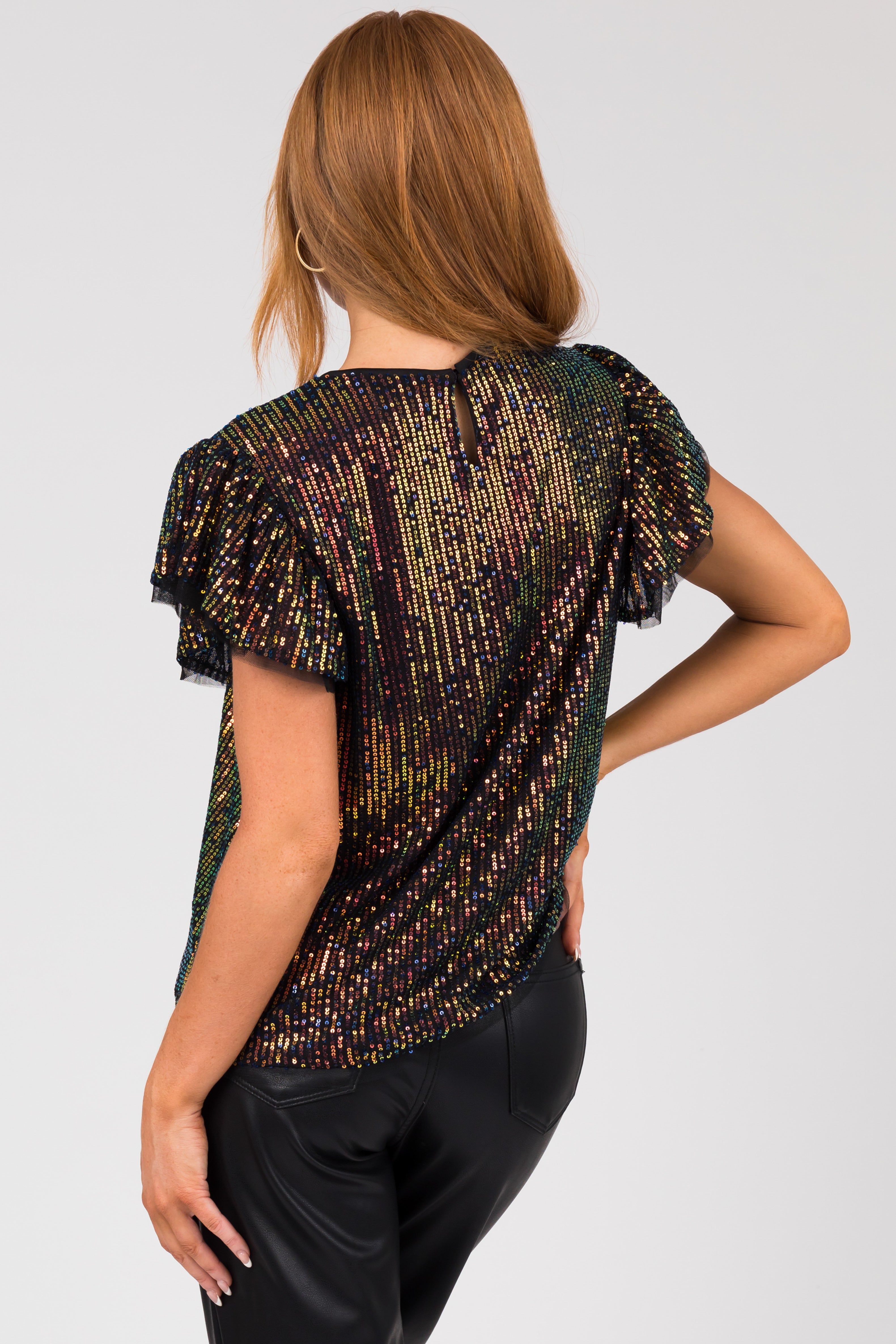 Black Flutter Sleeve Sequin Top