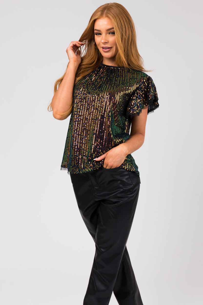 Black Flutter Sleeve Sequin Top