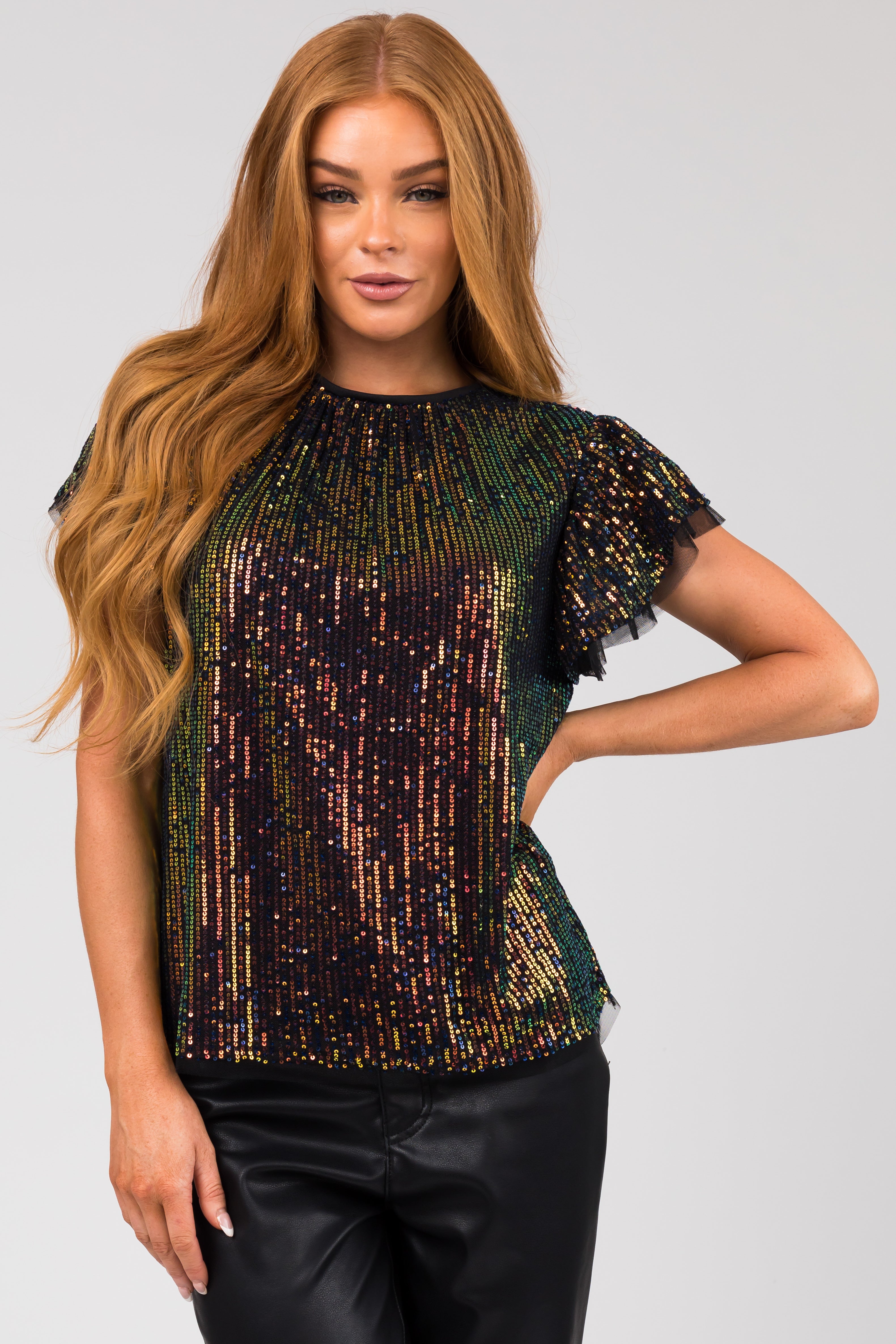 Black Flutter Sleeve Sequin Top