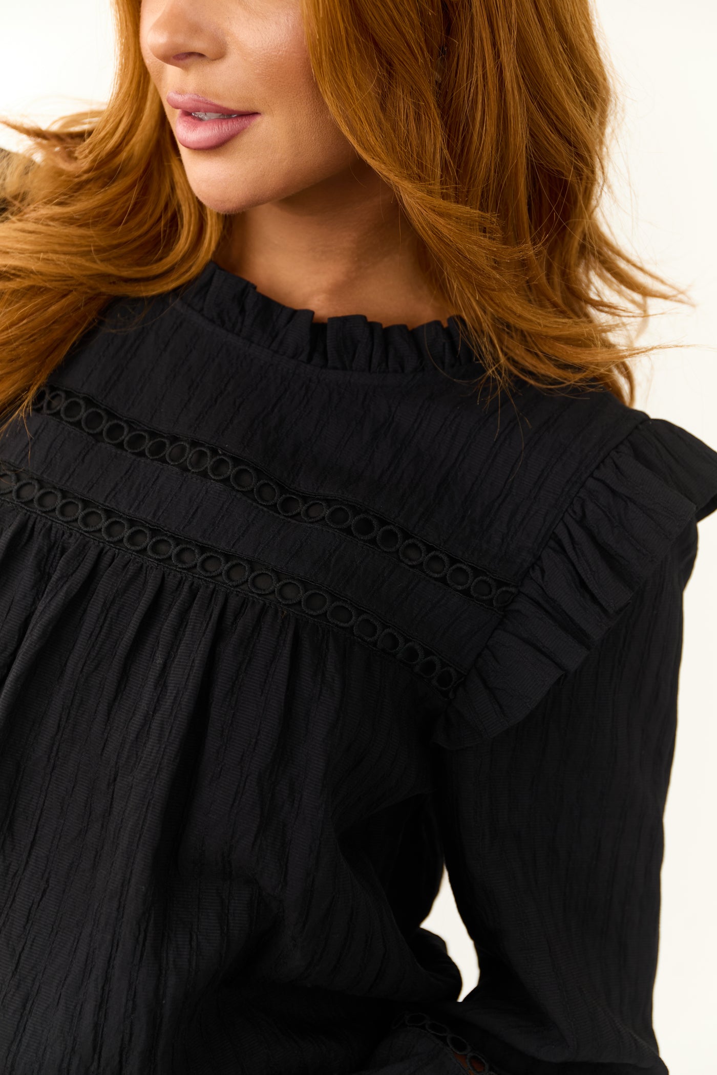 Black Frill Neck Long Sleeve Blouse