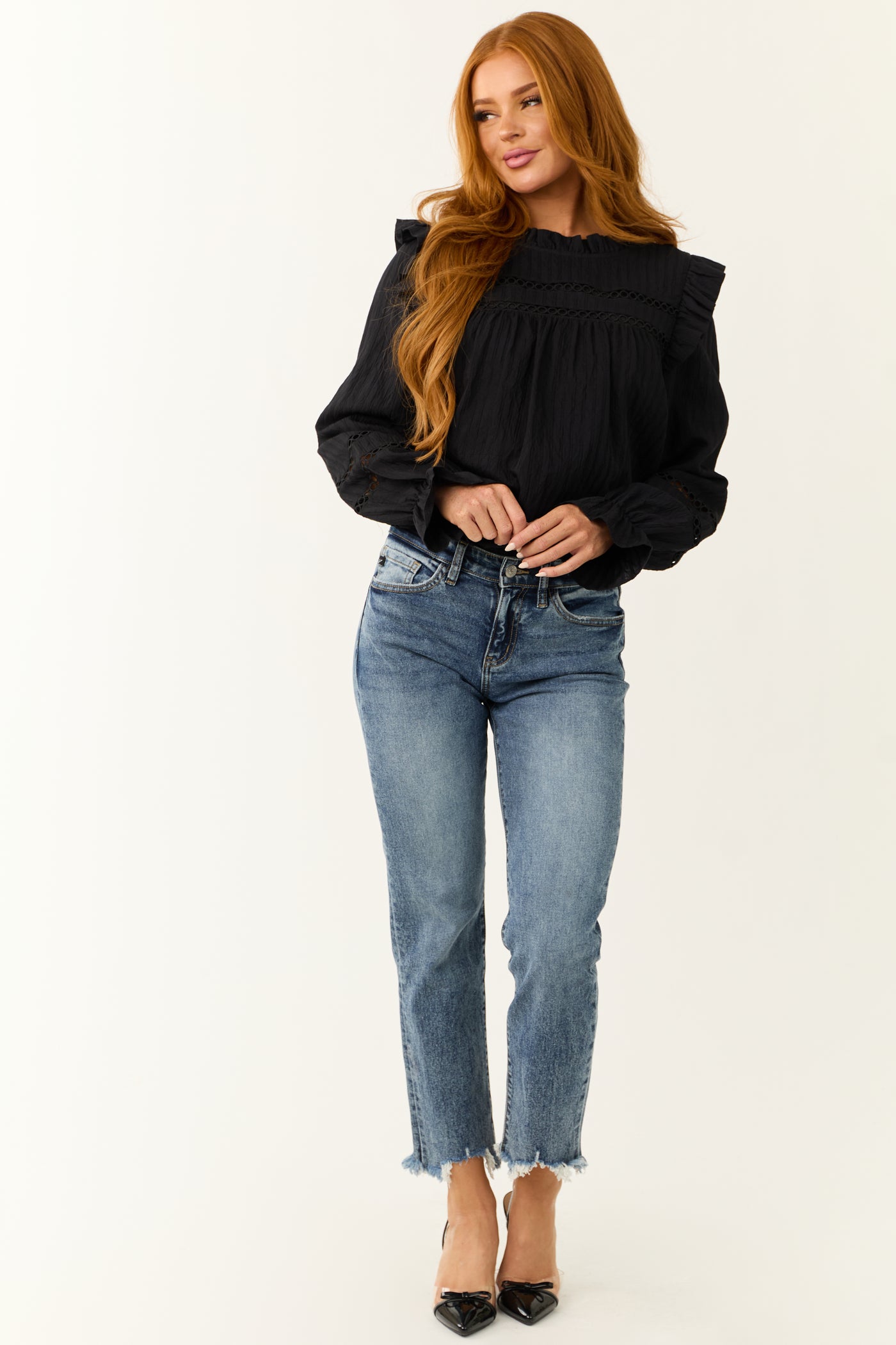 Black Frill Neck Long Sleeve Blouse