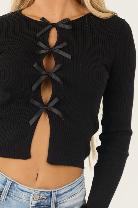 Black Front Bow Details Long Sleeve Top