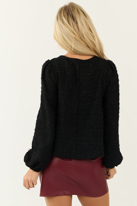 Black Front Bow Tweed Long Puff Sleeve Top