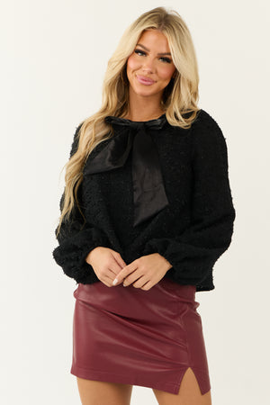 Black Front Bow Tweed Long Puff Sleeve Top