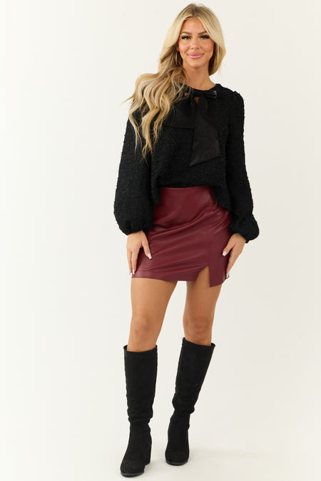 Black Front Bow Tweed Long Puff Sleeve Top