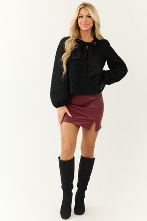 Black Front Bow Tweed Long Puff Sleeve Top