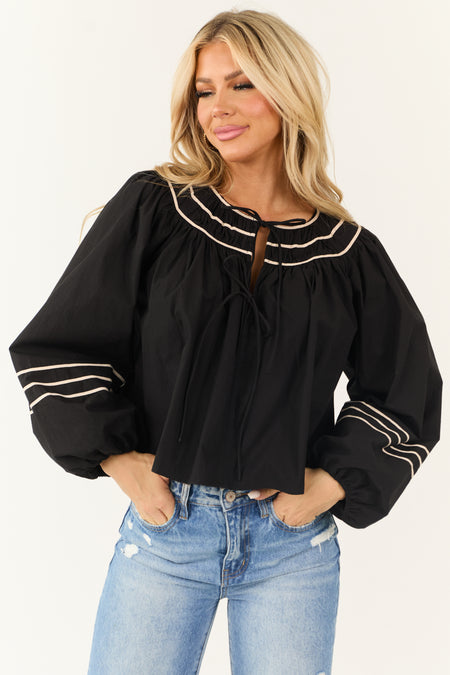 Black Front Double Tie Puff Long Sleeve Top