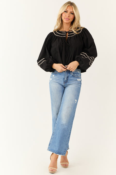 Black Front Double Tie Puff Long Sleeve Top