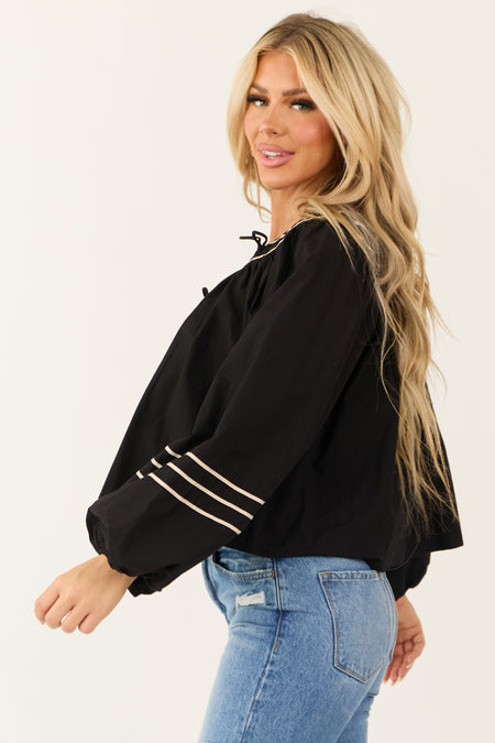 Black Front Double Tie Puff Long Sleeve Top