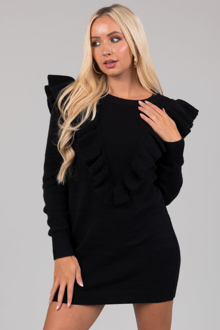 Black Front Ruffle Detail Sweater Mini Dress