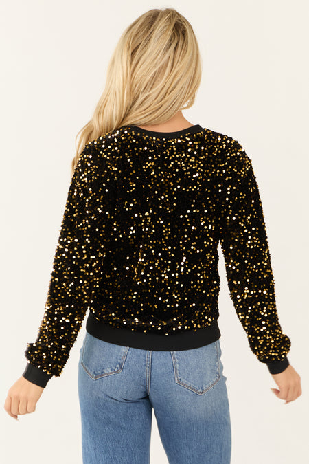 Black Gold Sequin Long Sleeve Velvet Sweatshirt