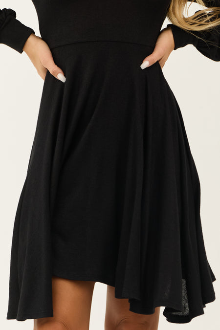 Black Hacci Knit Long Sleeve Flared Swing Dress