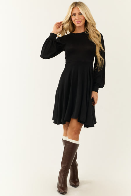 Black Hacci Knit Long Sleeve Flared Swing Dress