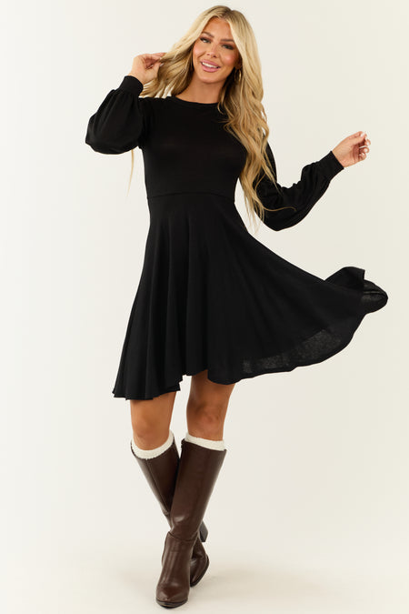 Black Hacci Knit Long Sleeve Flared Swing Dress