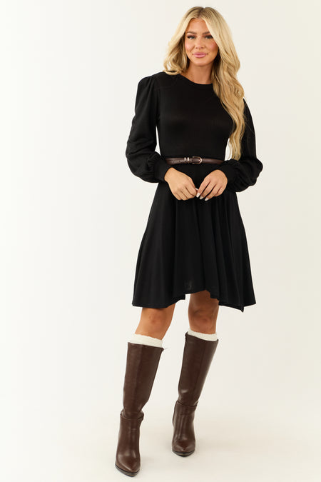 Black Hacci Knit Long Sleeve Flared Swing Dress