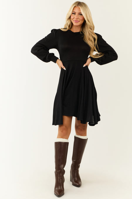 Black Hacci Knit Long Sleeve Flared Swing Dress