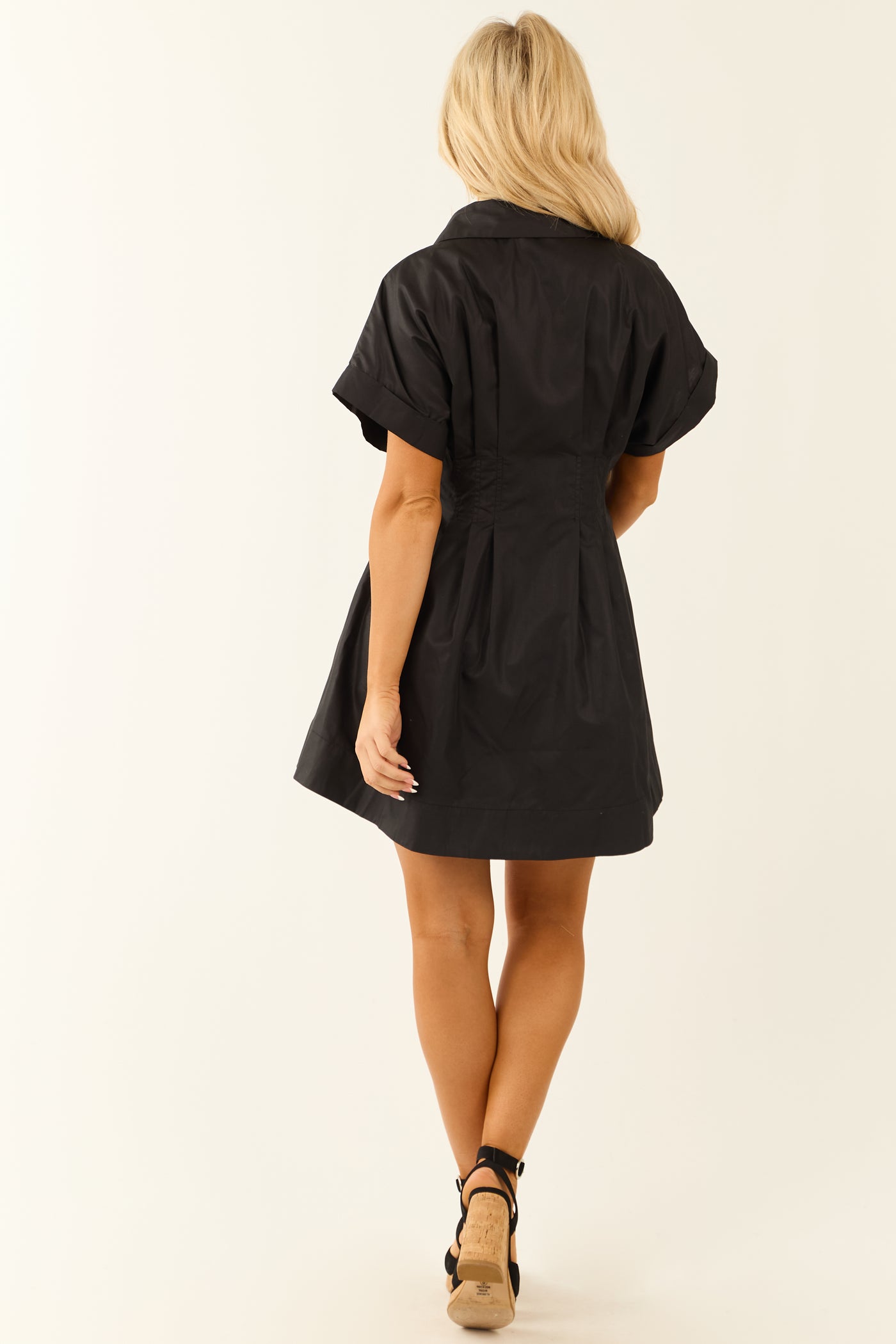 Black Half Sleeve Button Down Pleated Mini Dress