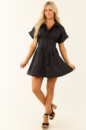 Black Half Sleeve Button Down Pleated Mini Dress