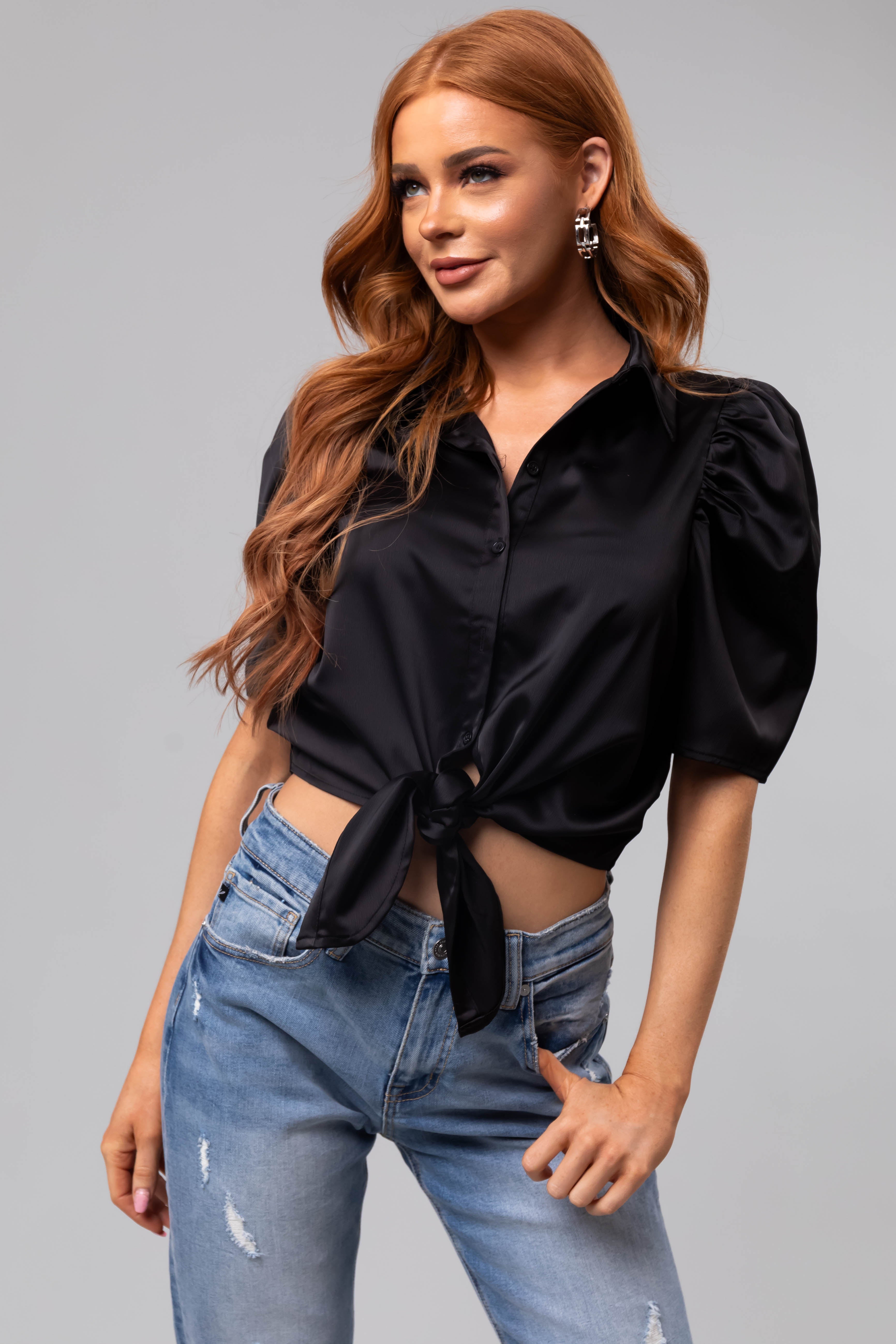 Black Half Sleeve Waist Tie Collared Shirt