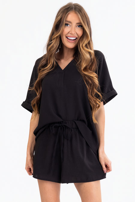 Black Half Sleeve Woven Top and Shorts Set