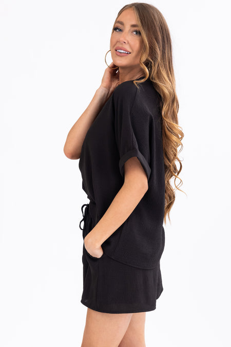 Black Half Sleeve Woven Top and Shorts Set