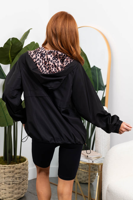 Black Half Zip Windbreaker with Leopard Hood