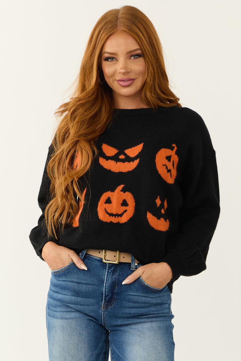 Black Halloween Pumpkin Graphic Knit Sweater