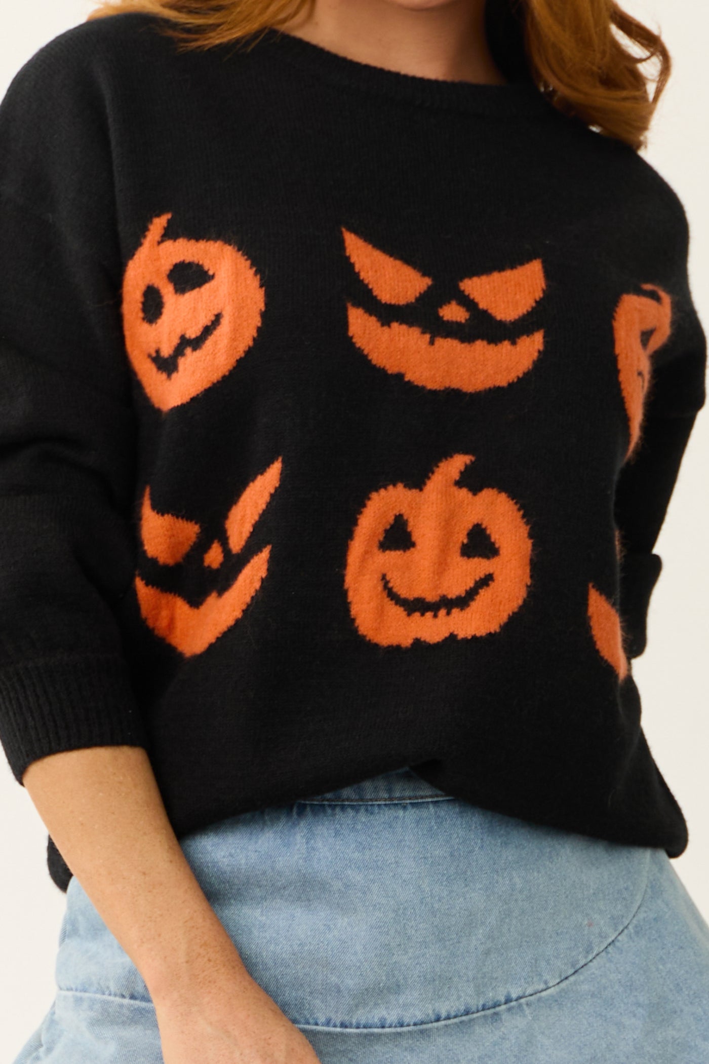 Black Halloween Pumpkin Graphic Knit Sweater