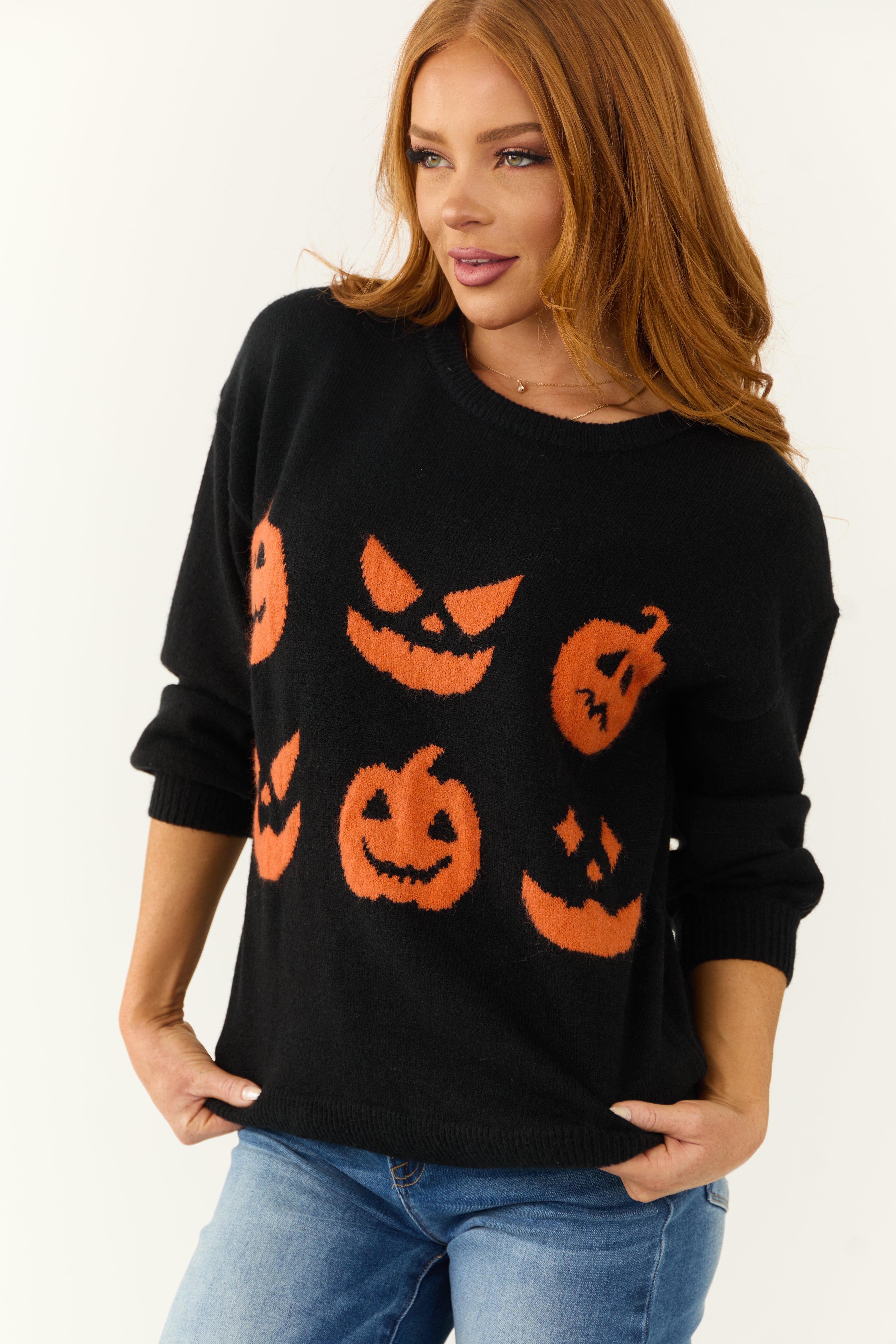 Black Halloween Pumpkin Graphic Knit Sweater