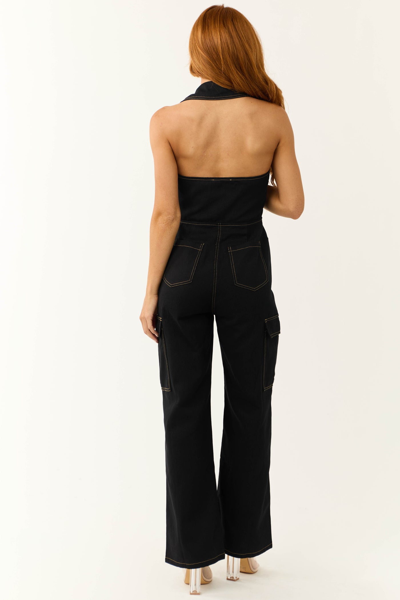 Black Halter Button Up Denim Cargo Jumpsuit