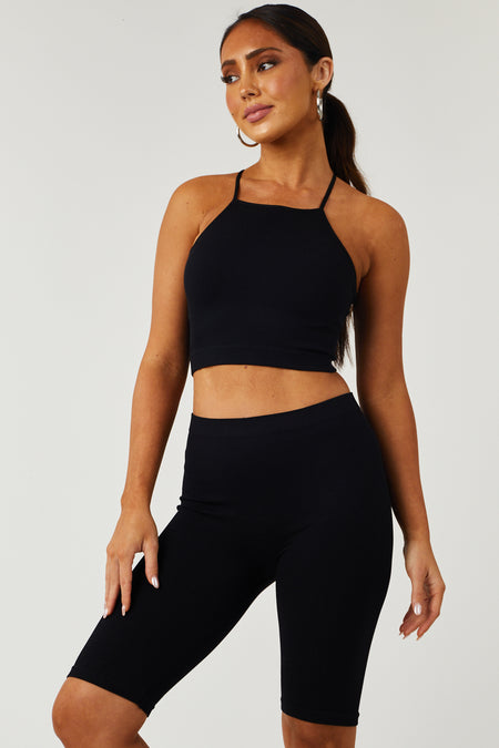 Black Halter Cropped Top and Biker Shorts Set