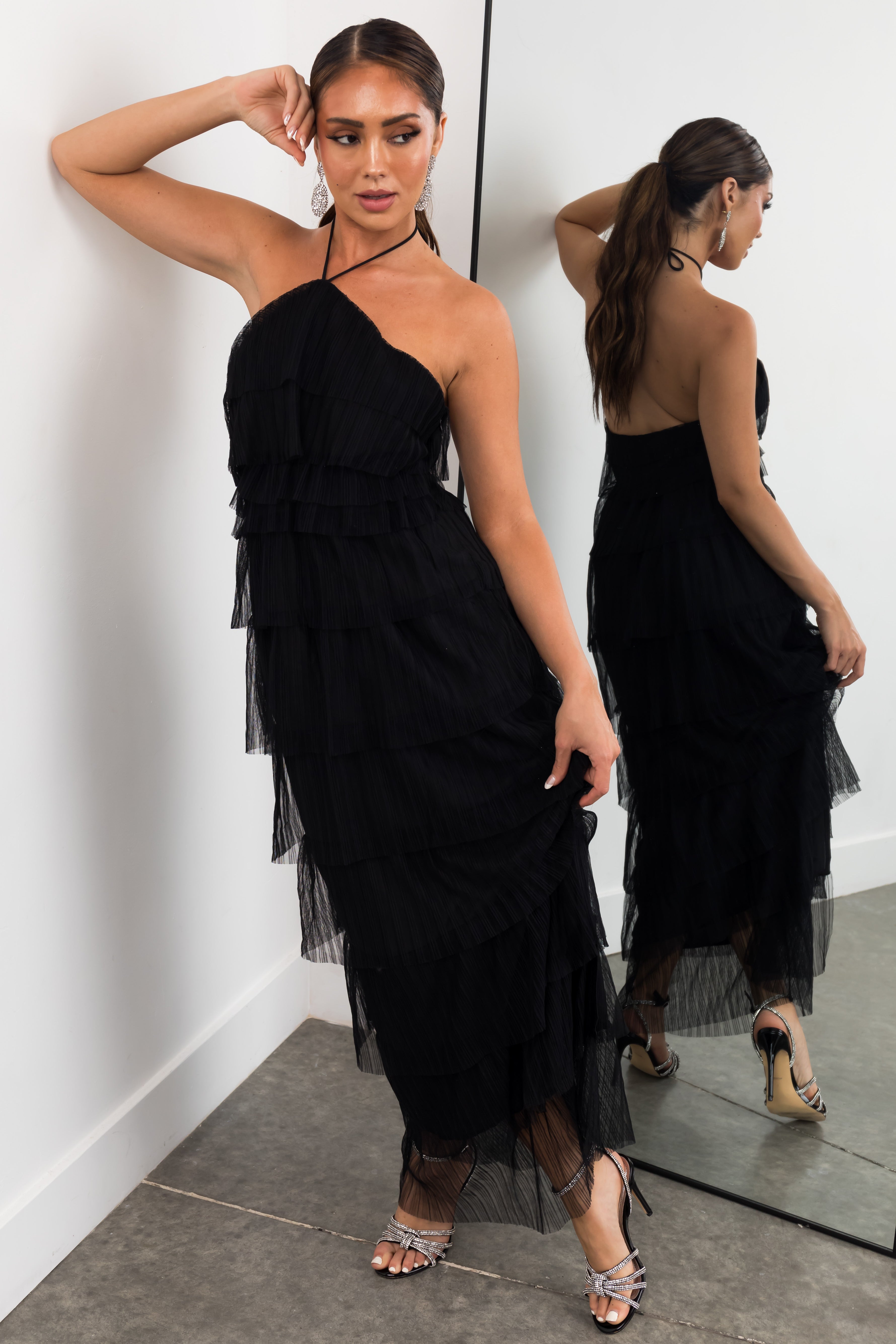 Black Halter Tiered Pleated Tulle Midi Dress