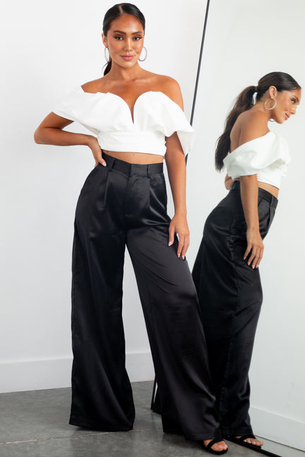 Black High Rise Wide Leg Satin Trousers