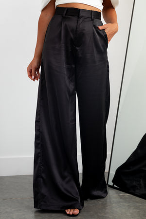 Black High Rise Wide Leg Satin Trousers