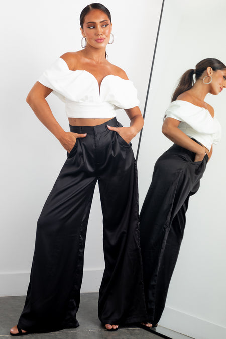 Black High Rise Wide Leg Satin Trousers