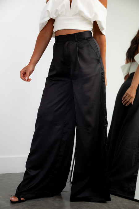 Black High Rise Wide Leg Satin Trousers