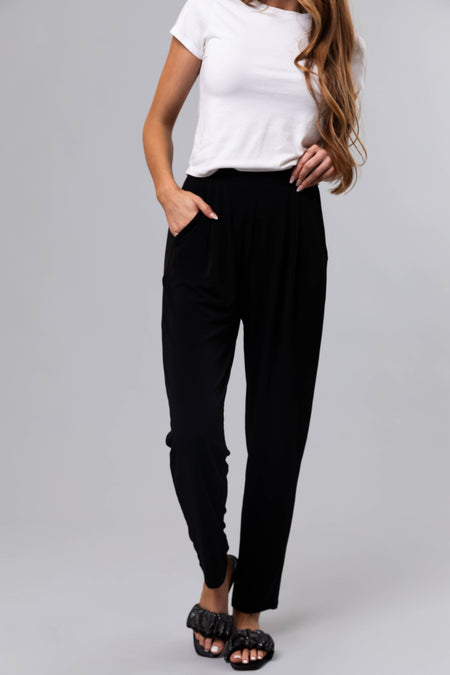 Black High Waist Pleated Straight Leg Pants