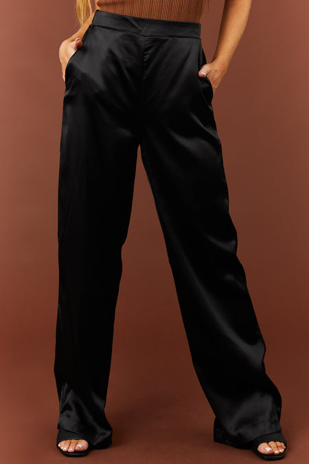 Black High Waist Satin Smocked Waist Pants