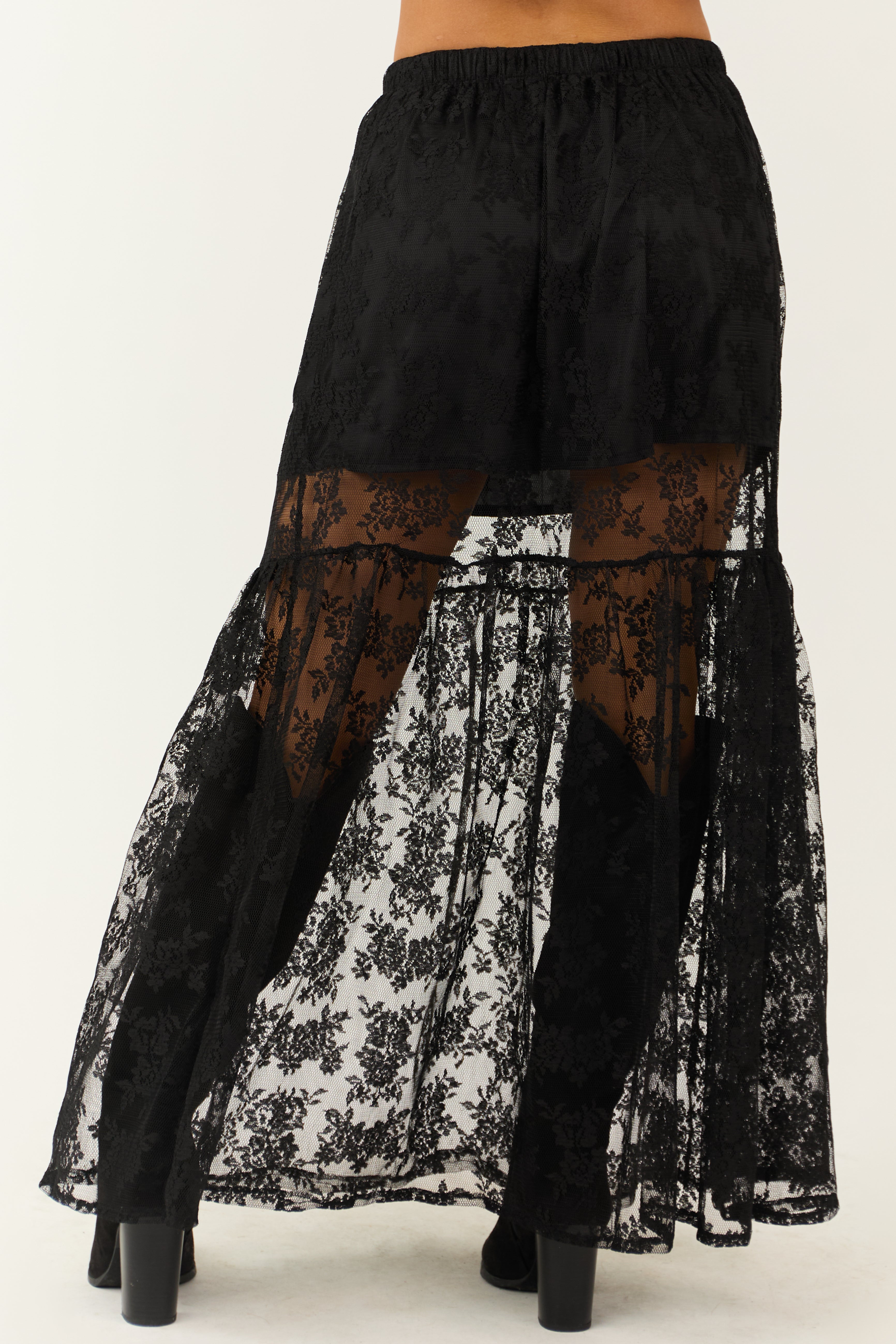 Black High Waist Sheer Lace Maxi Skirt