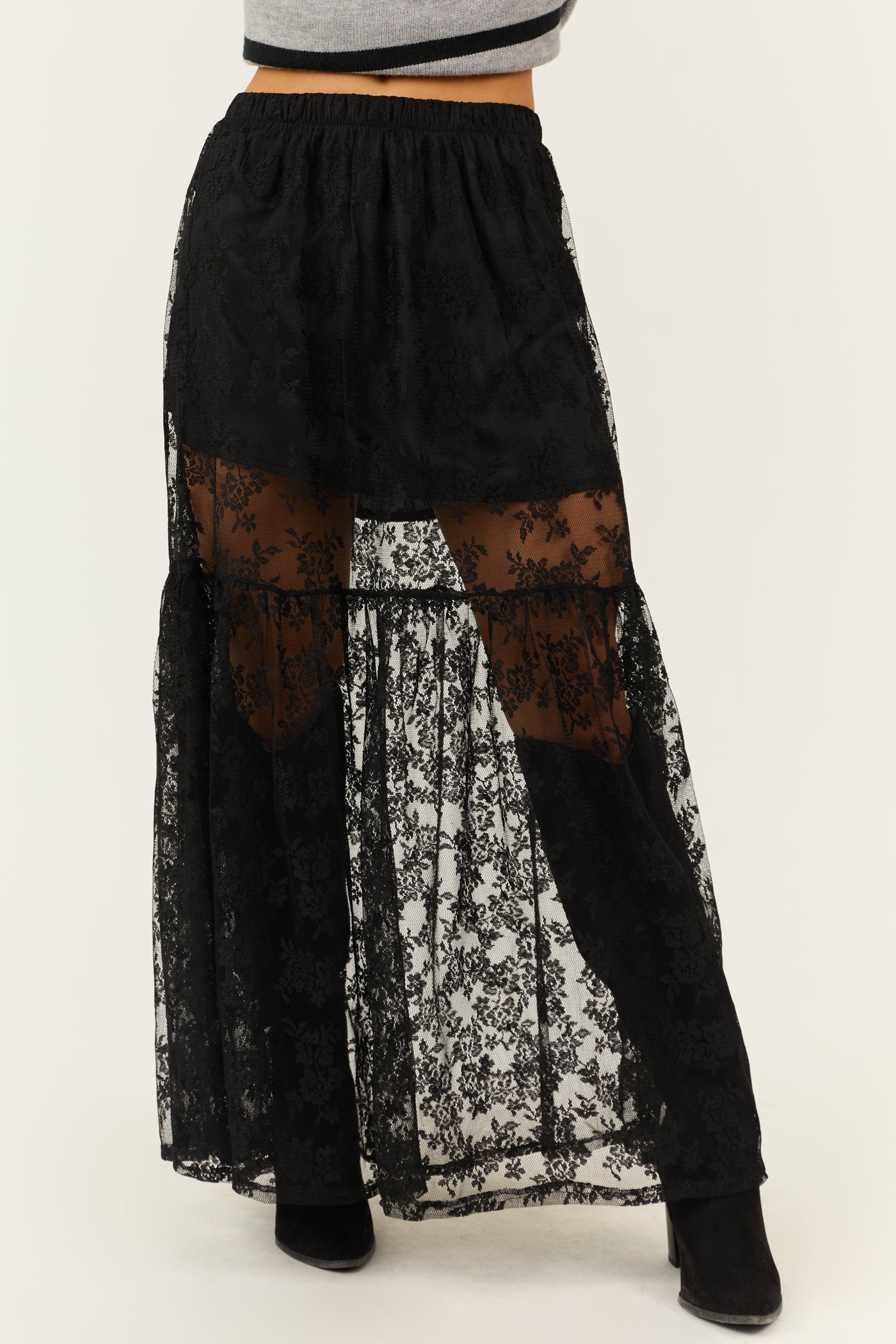 Black High Waist Sheer Lace Maxi Skirt