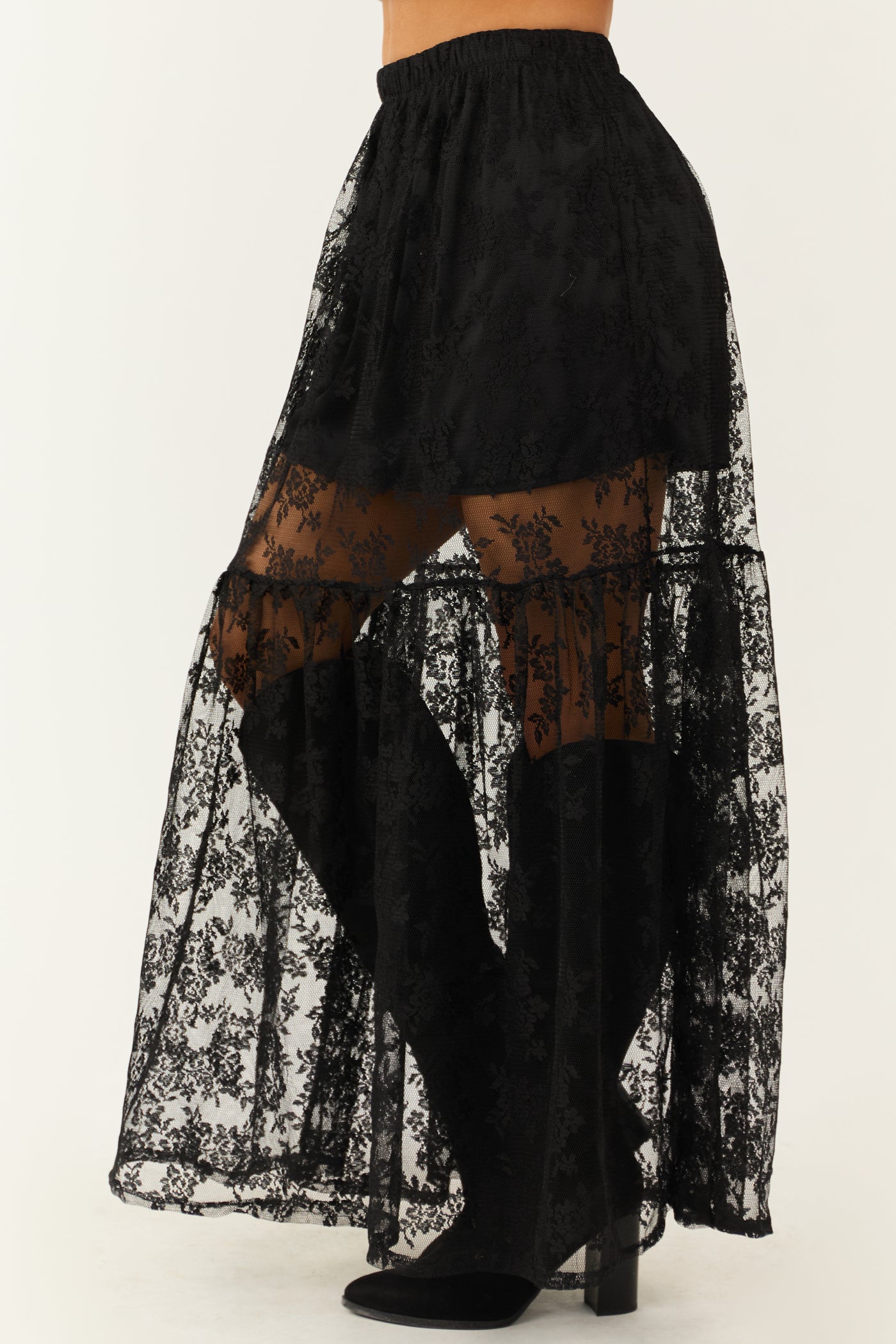 Black High Waist Sheer Lace Maxi Skirt