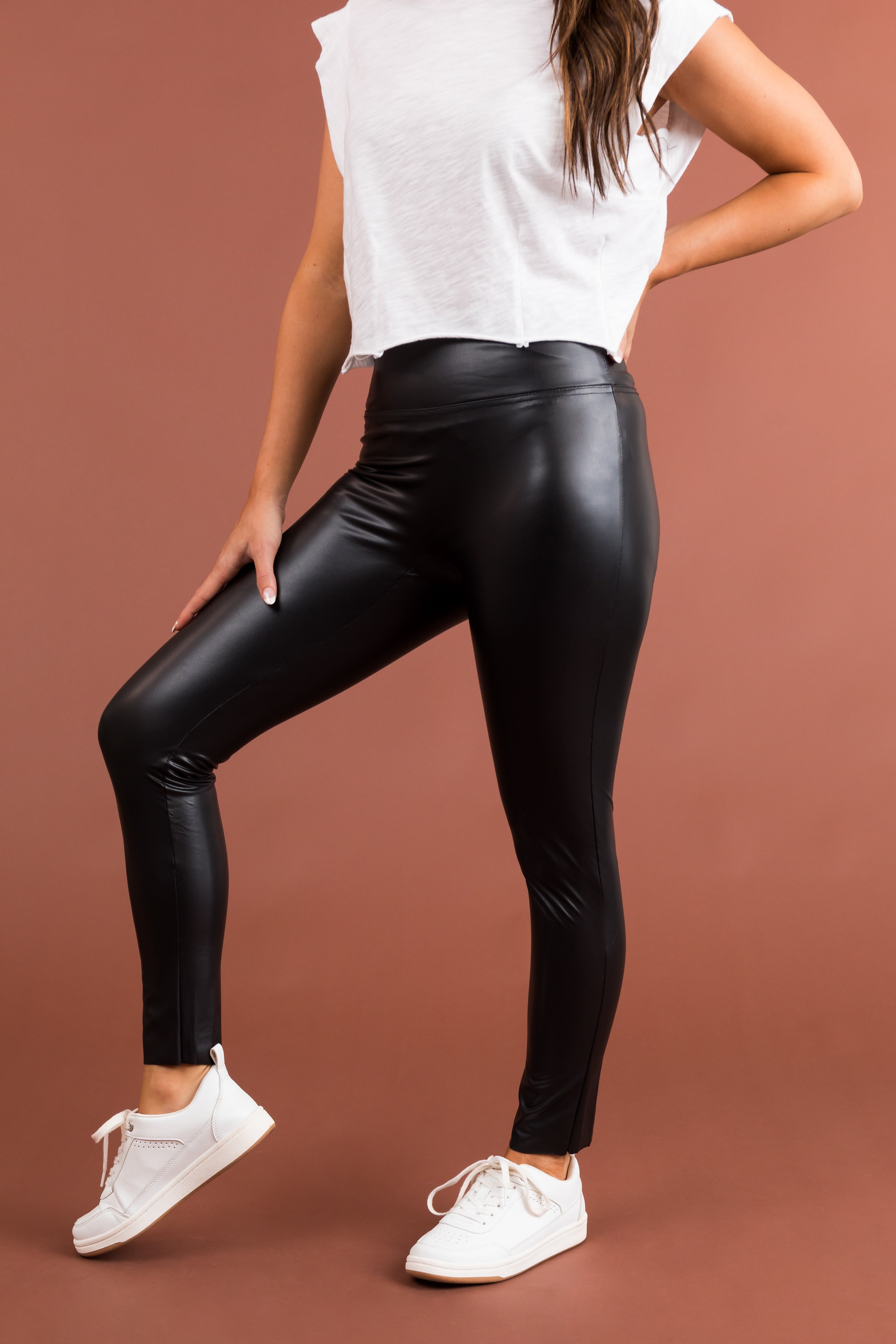 Bershka Petite high waisted faux leather legging in black | ASOS