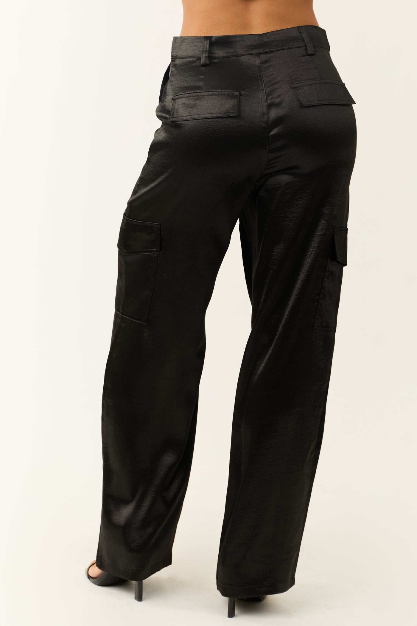 Black High Waisted Satin Cargo Pants