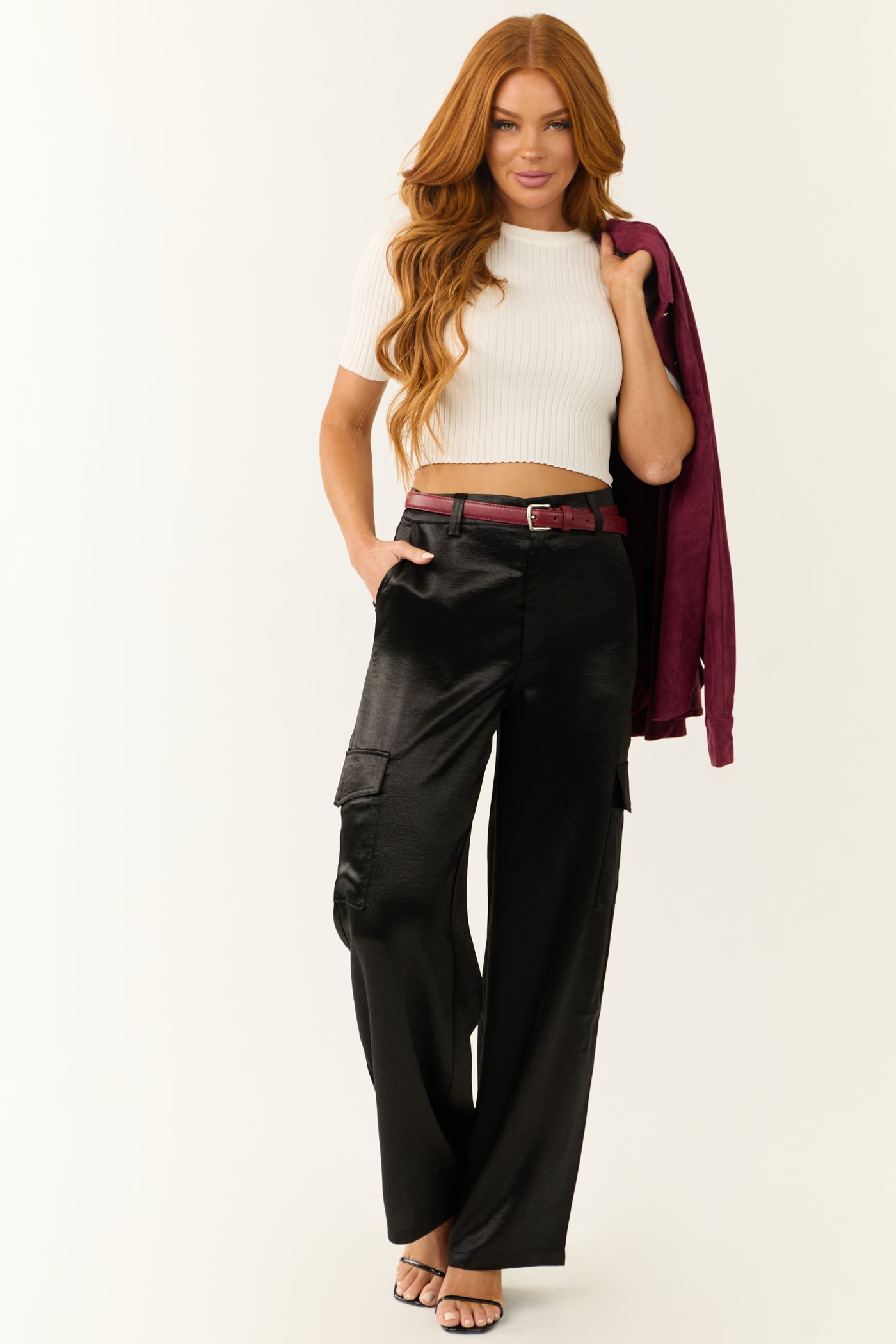 Black High Waisted Satin Cargo Pants