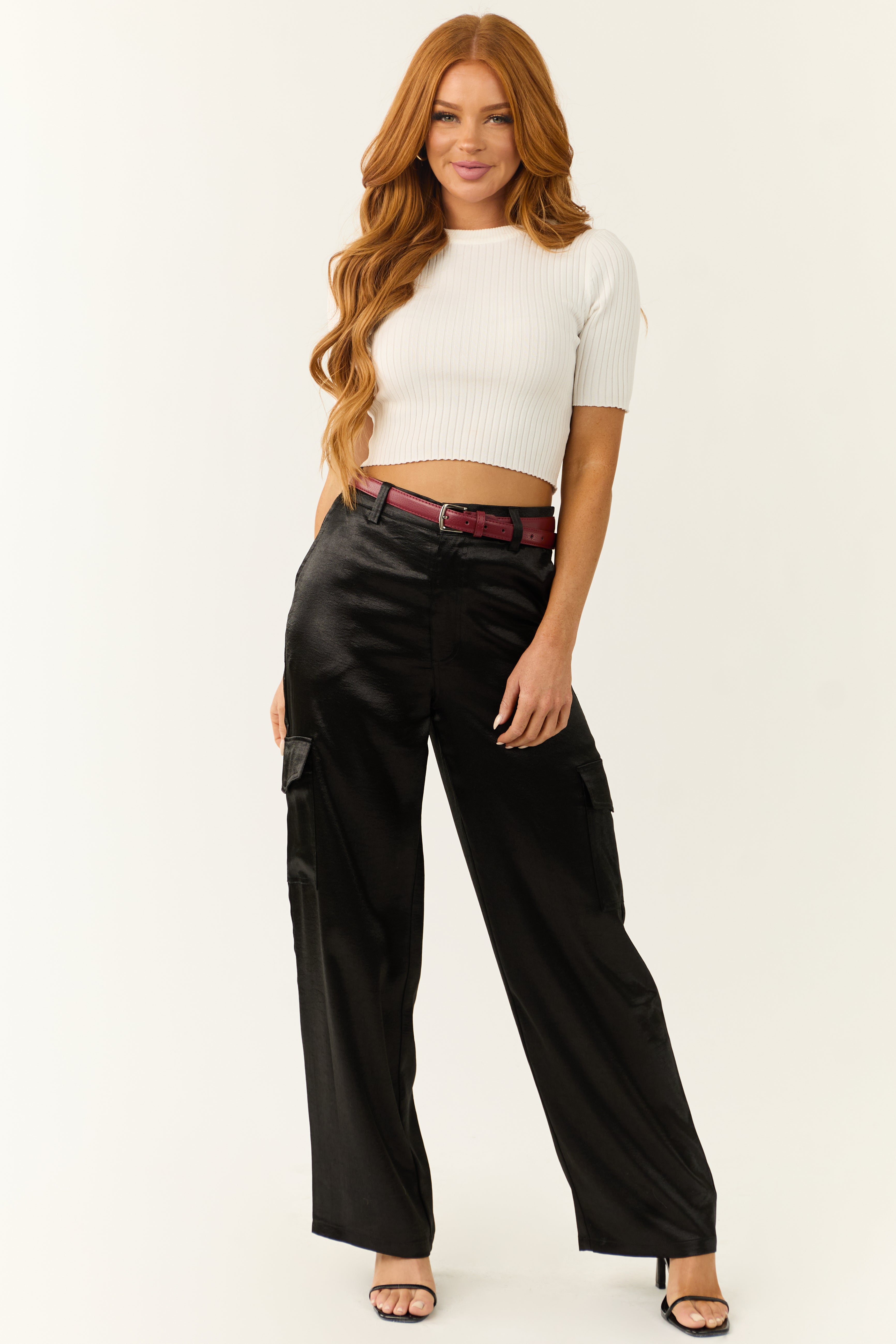 Black High Waisted Satin Cargo Pants