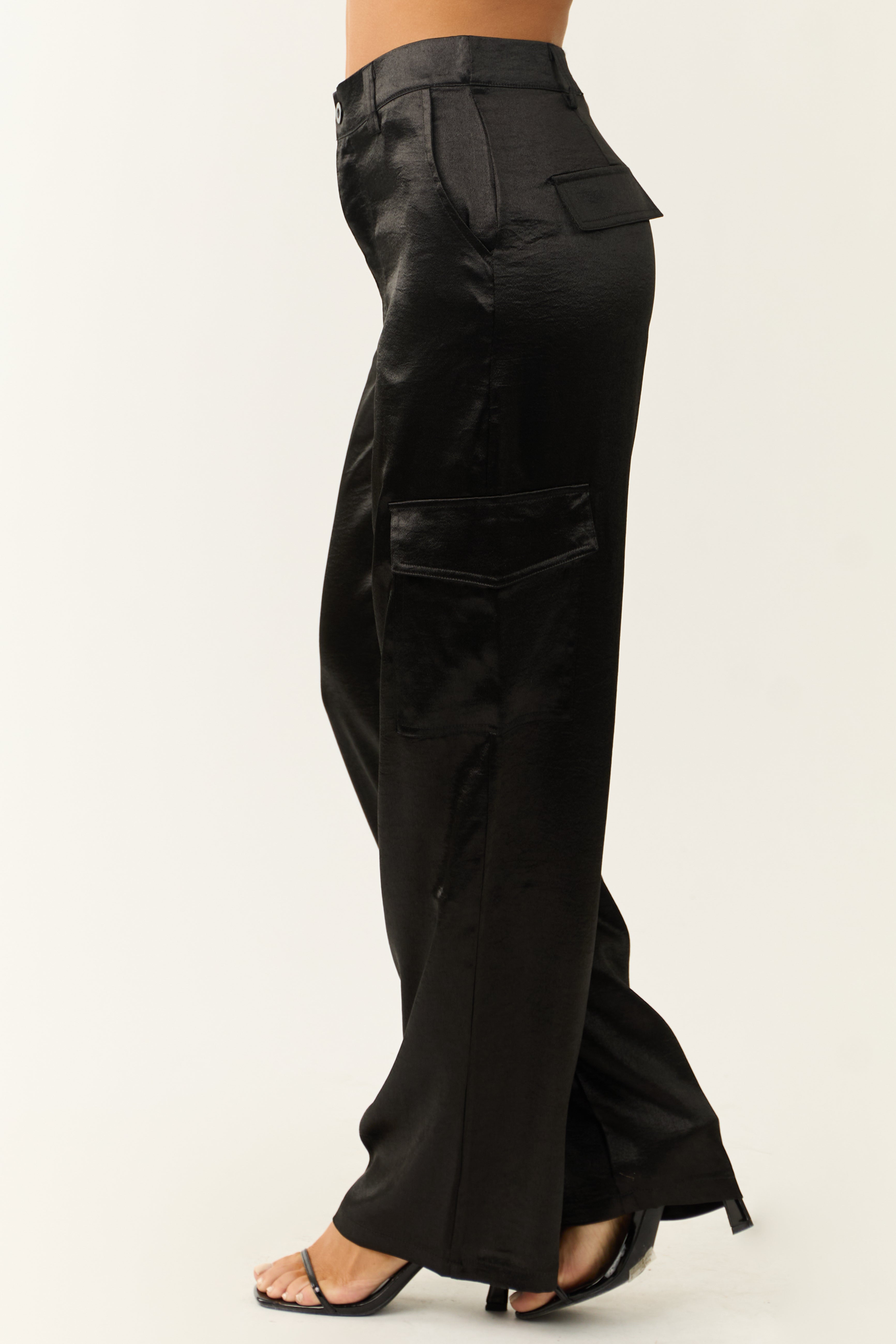 Black High Waisted Satin Cargo Pants