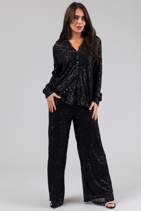 Black High Waisted Wide Leg Sequined Pants